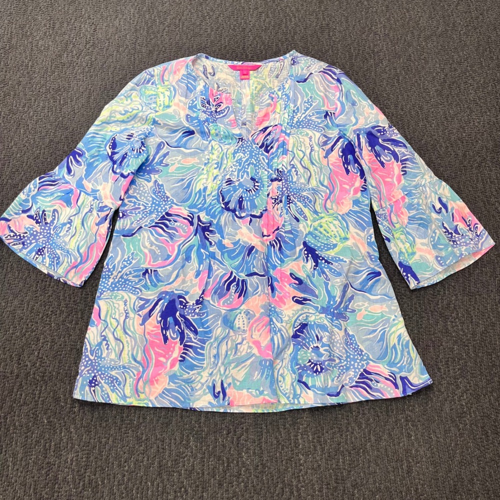 NWOT Lilly Pulitzer Saltwarer Blue Hollie Abstract Linen Tunic Bell Sleeve Top S